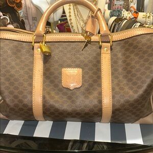 Celine Bundle Brown Duffle and Travel Pouch Patterned with Tan Accents